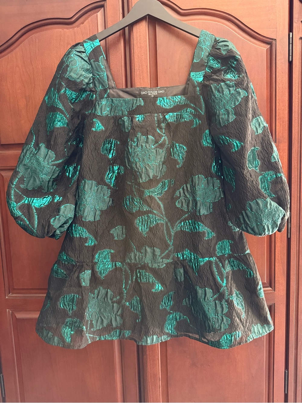 DAO Chloe DAO Metallic Emerald Floral Jacquard Puff Sleeve Baroque Mini Dress M